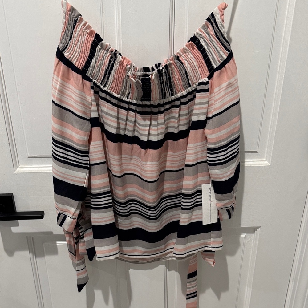 Live 4 Truth Pink, Navy Blue, White, & Gray Striped Off-Shoulder Blouse